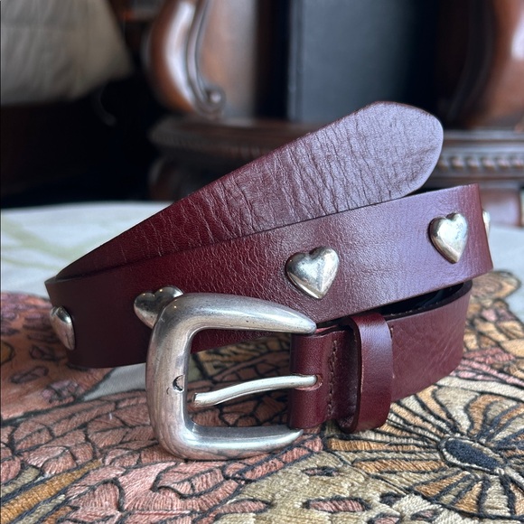 Zara Accessories - Zara Burgundy Leather Silver Heart-Studded Belt
